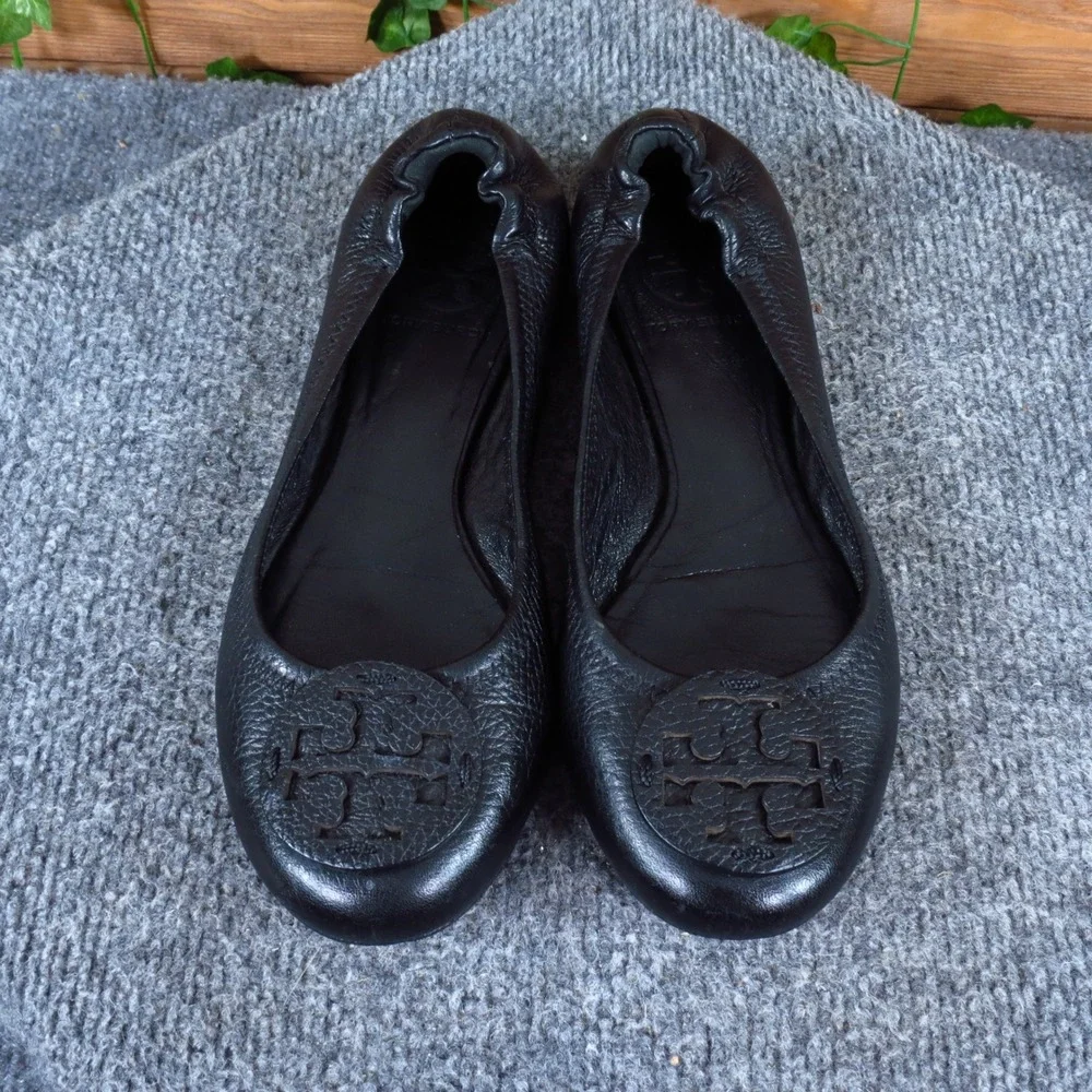 Tory Burch Tumbled Reva Travel Women Ballet Flat Size 6.5 Commuter Black Leather